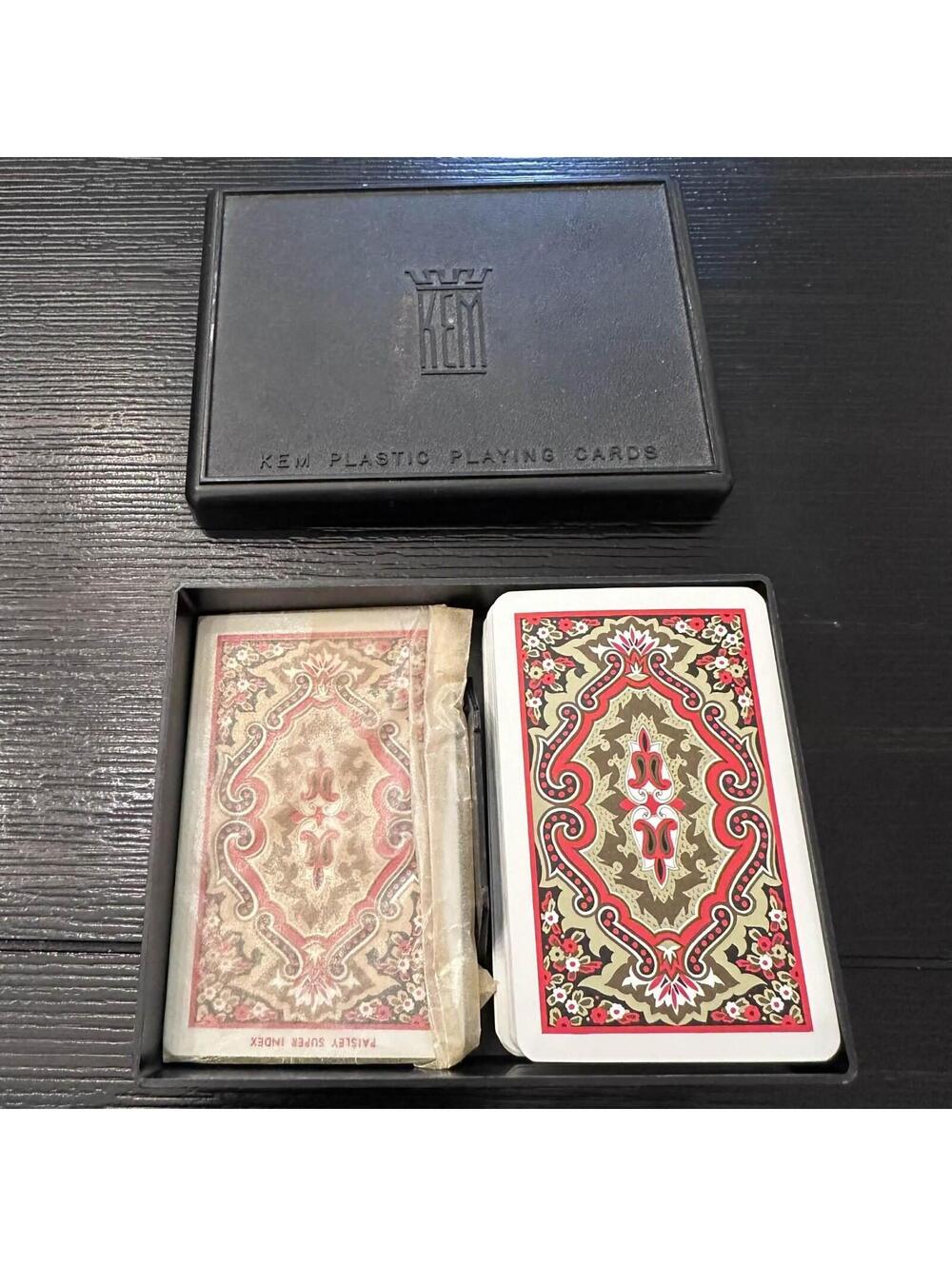 Vintage KEM Red Plastic Playing Cards Floral Back Single Deck In Case VGC
